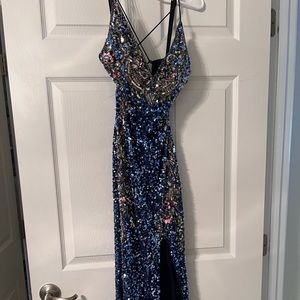 prom dress, size 4, navy blue with gold and pink accents